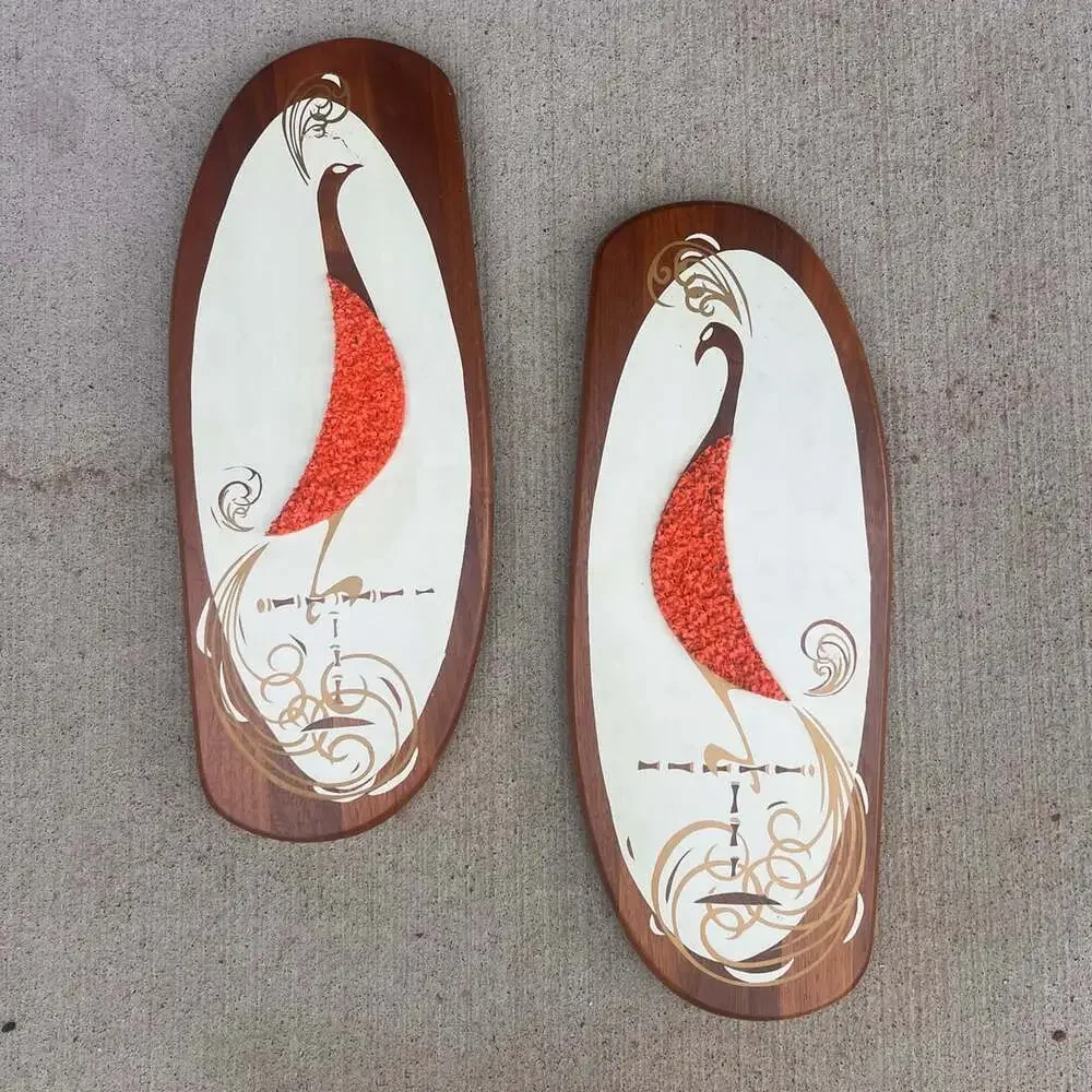 🔥 Vintage 1960s MID-CENTURY Wall Hangings Belart Pair of Peacocks On Walnut MCM